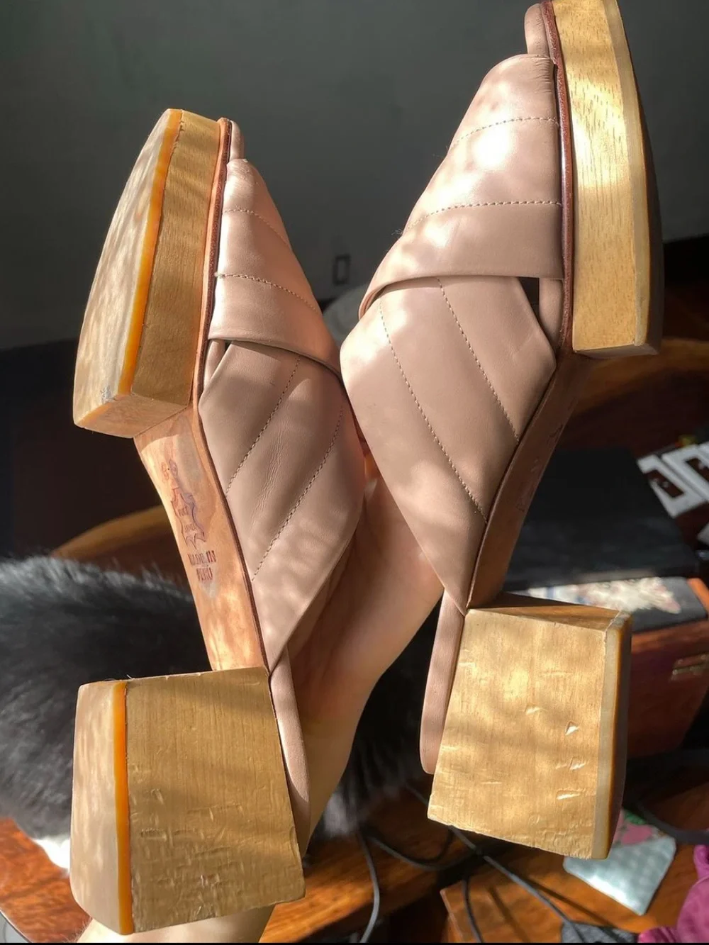 Beklina Matisse block criss cross slides in nude